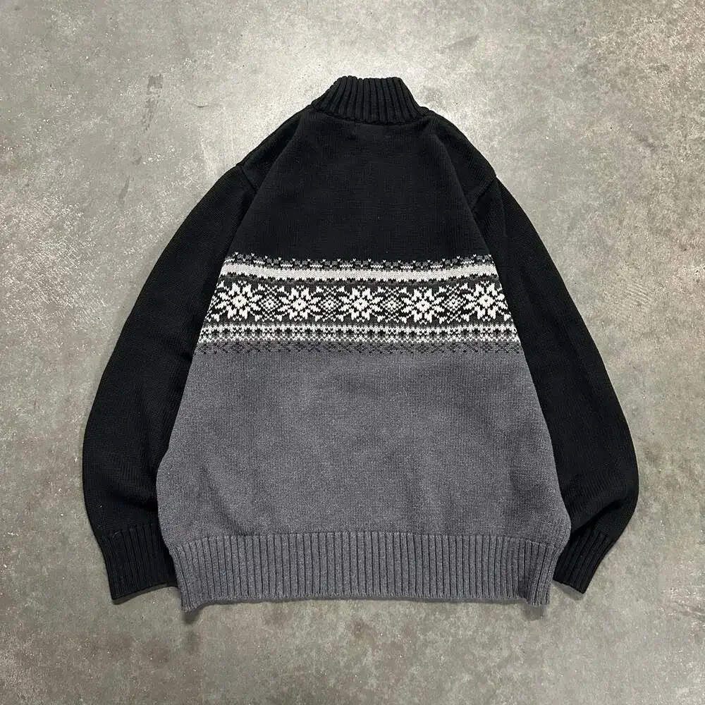 Vintage Eddie Bauer Men's Black Grey Fair Isle 1/4 Quarter Zip Cotton Sweater L